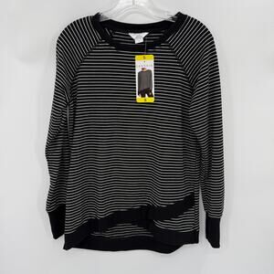 New DANSKIN Pullover Shirt Womens Size S Relaxed Stretch Faux Wrap Black White